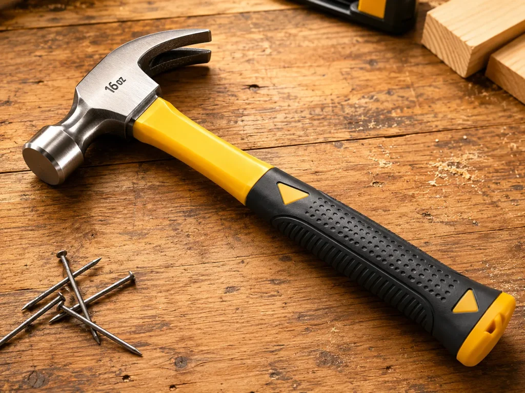 A 16-oz claw hammer with a fiberglass handle resting on a wooden workbench