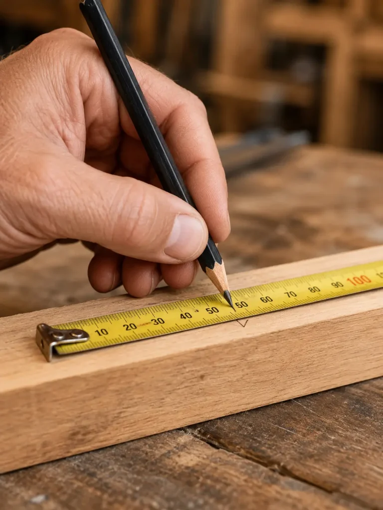 A hand using a sharp pencil to mark a V-shaped measurement point on a timber plank with a tape measure