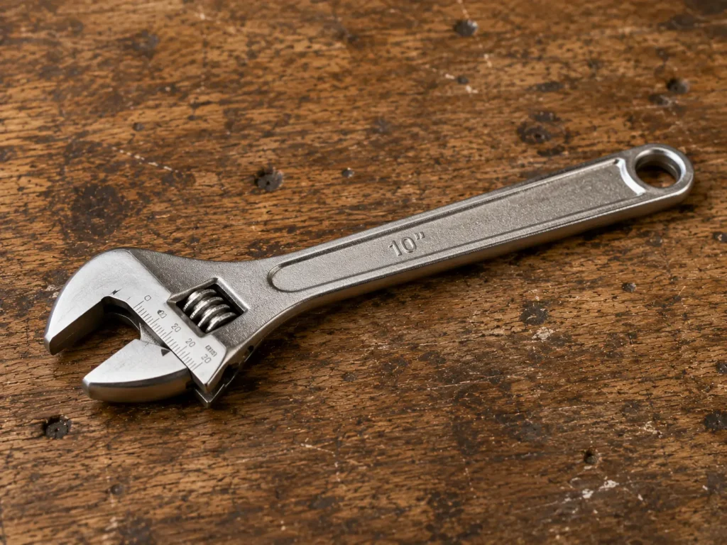 A 10-inch adjustable crescent wrench on a wooden workbench, jaw open slightly