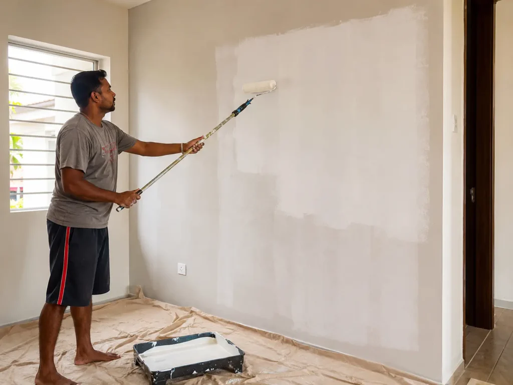 Applying white primer to an interior wall using a paint roller in a Malaysian home