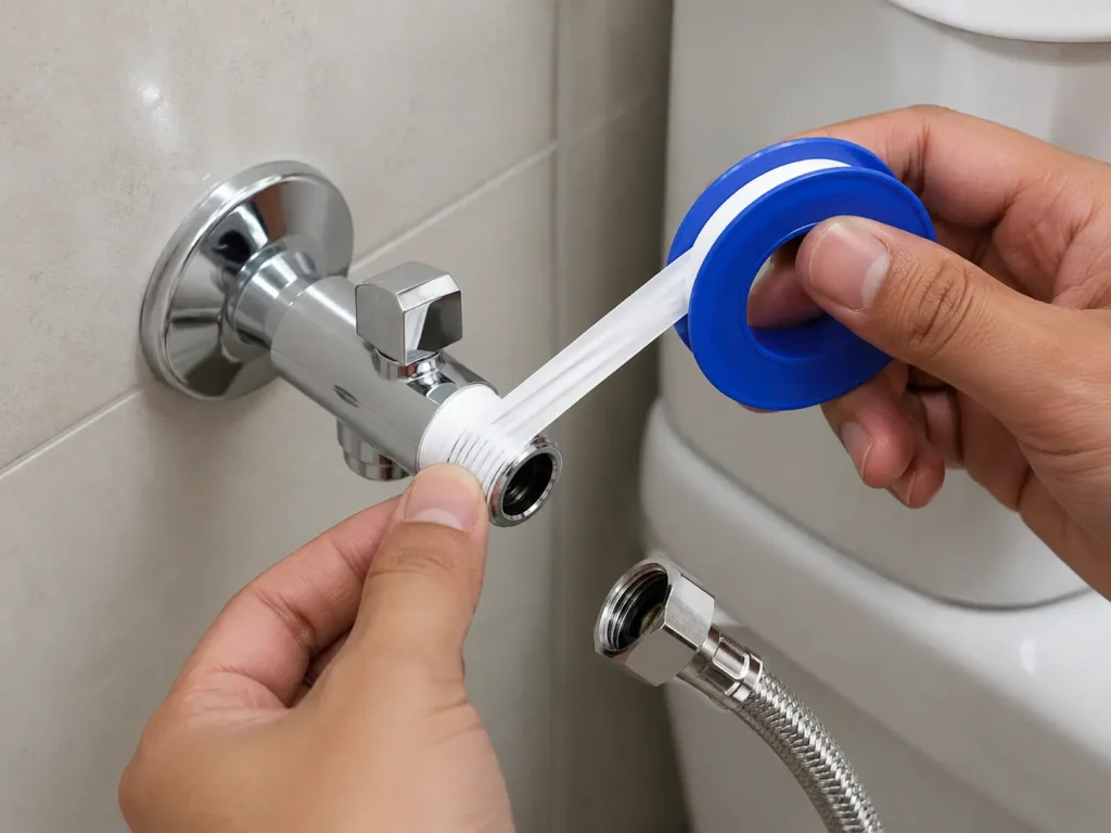 Thread tape being applied to a bidet spray angle valve thread.