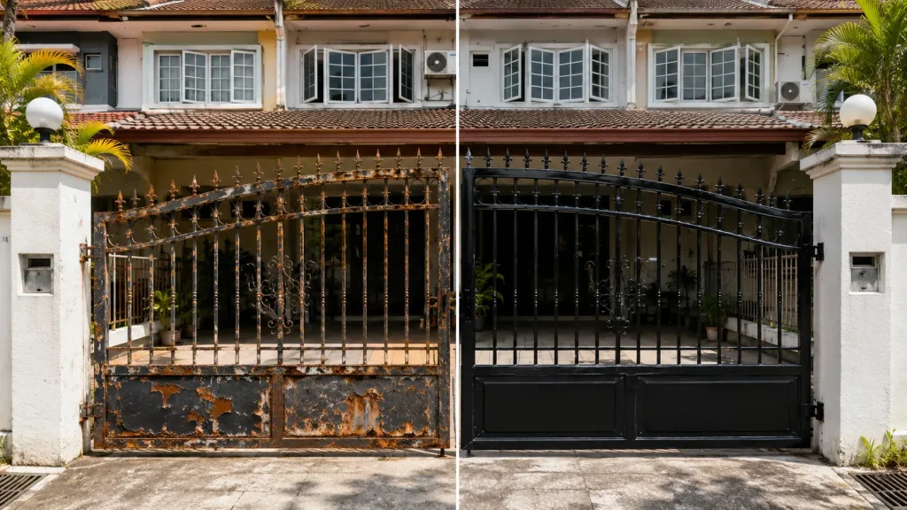 Side-by-side comparison of rusted versus freshly repainted black iron gate at a Malaysian terrace house