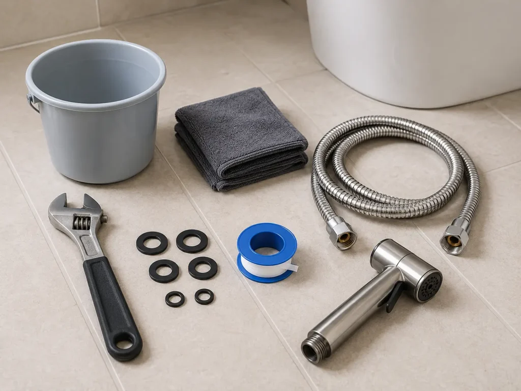 Bidet hose repair tools and replacement parts arranged on a bathroom floor.