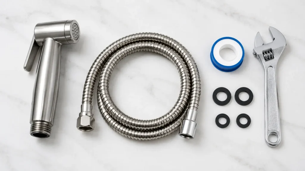 Bidet spray replacement kit with hose, spray head, washers, thread tape, and spanner.
