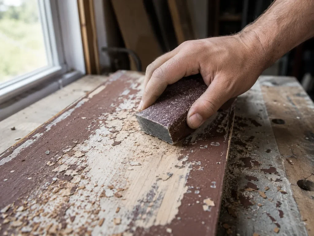 Hand using coarse 60-grit sandpaper to strip old paint off a wooden surface, DIY renovation