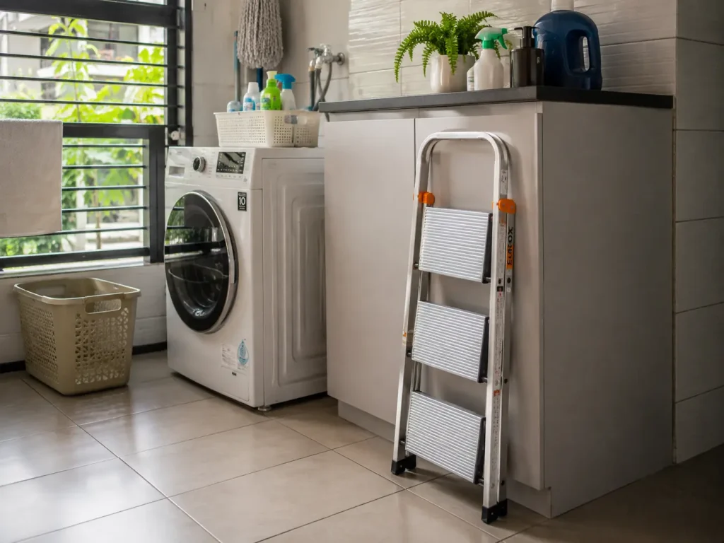 Compact step ladder folded neatly beside a utility yard cabinet in a Malaysian condo