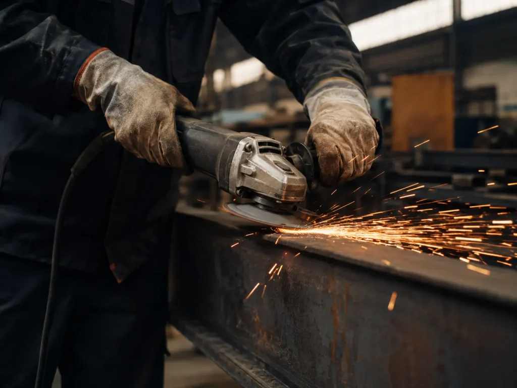 Tradesperson using a corded angle grinder on metal in a workshop, sparks flying, safety gear on