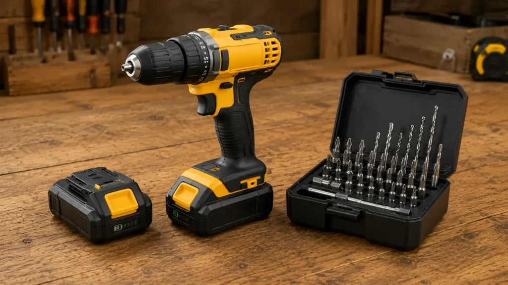 A cordless drill/driver with two batteries and a basic bit set laid out on a workbench