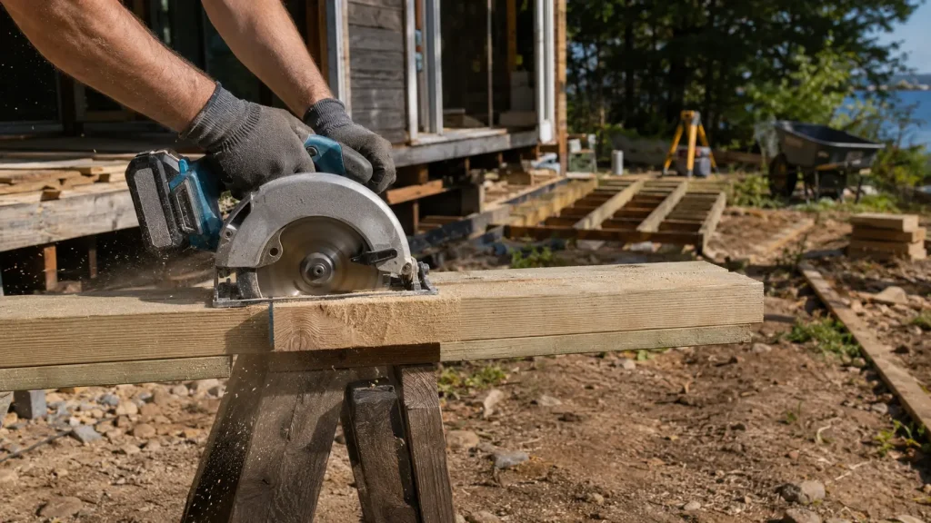 Builder using cordless tools on an outdoor renovation site with no visible power outlets nearby