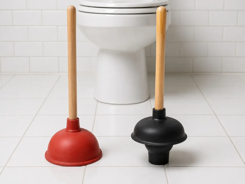 A cup plunger and a flange plunger placed side by side on a tiled bathroom floor, showing the difference between the two