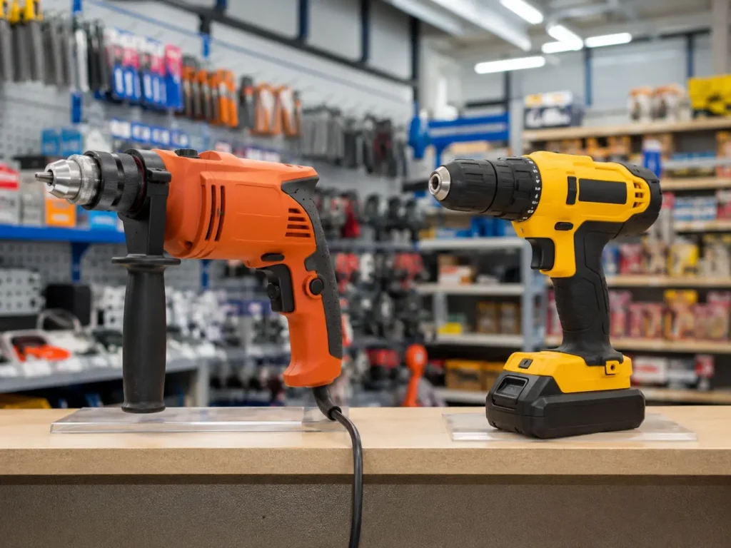 Multiple cordless power tools from the same brand laid out with matching battery packs on a workbench