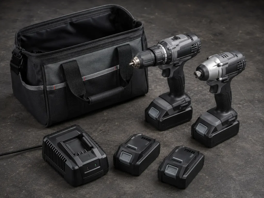 A drill and impact driver combo kit with two batteries and a charger laid out in an open tool bag