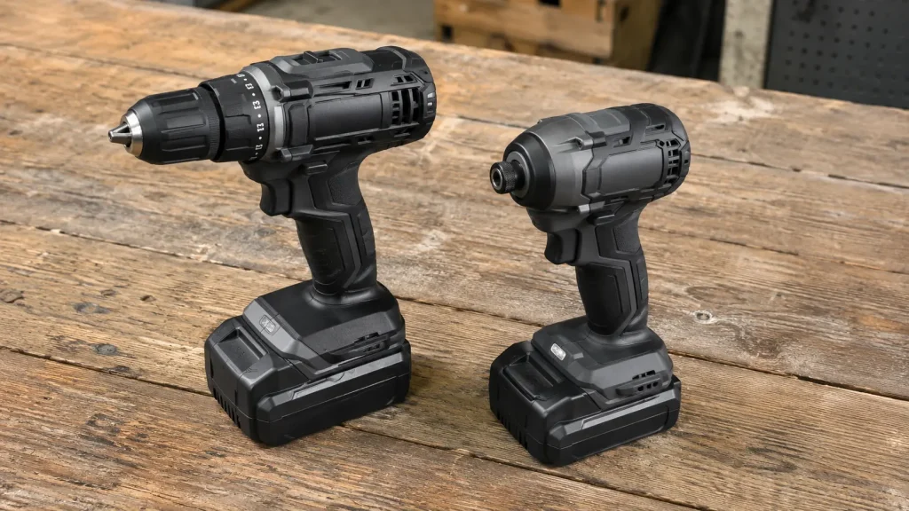 A cordless drill and impact driver placed side by side on a wooden workbench, showing size comparison