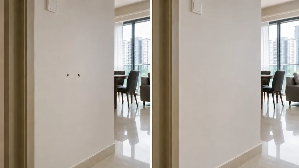 Before and after drywall hole repair on a white wall in a Malaysian condominium interior