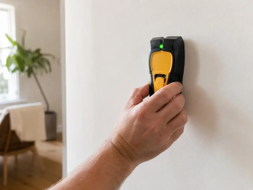 A person holding an electronic stud finder against a white drywall wall, scanning for studs before drilling
