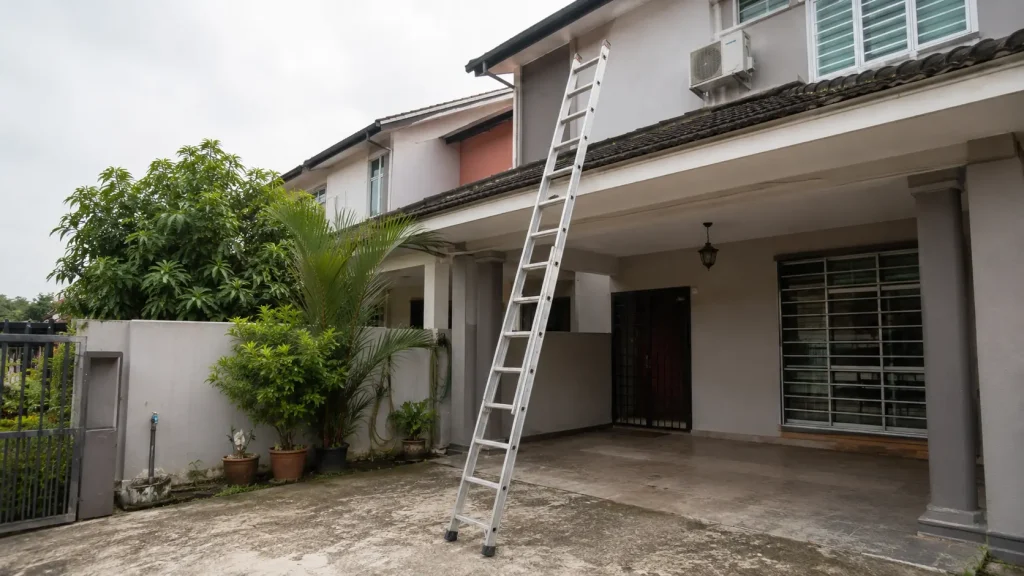 Extension ladder leaning safely against the exterior wall of a Malaysian terrace house