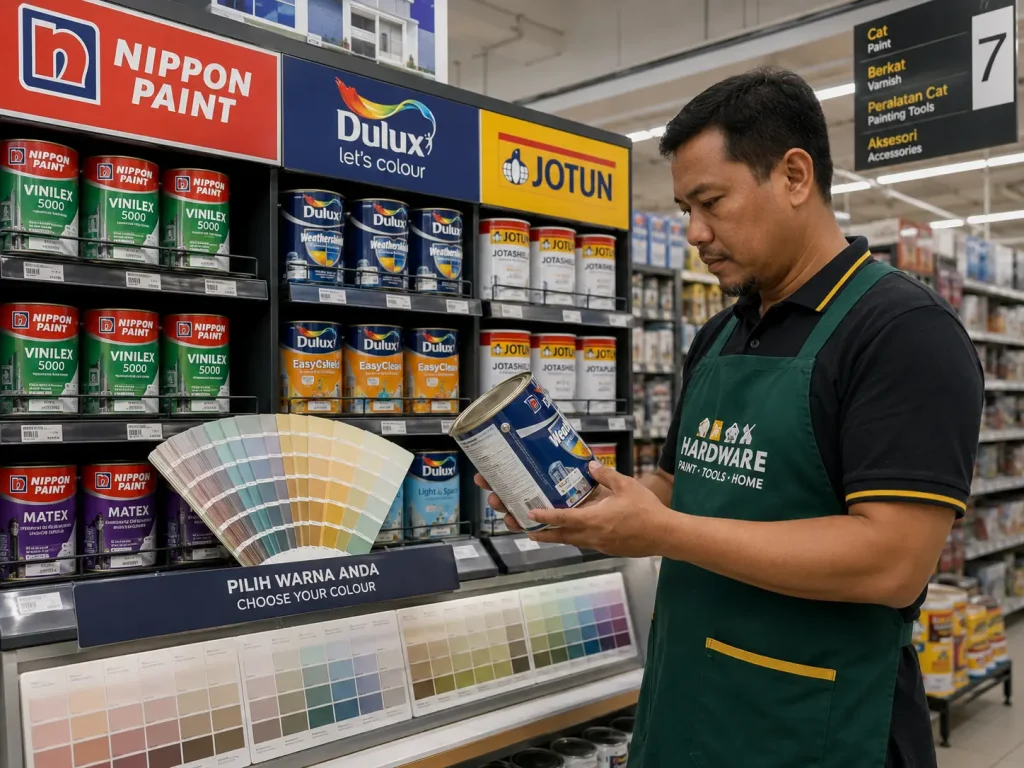 Paint tins and tester cards at a Malaysian hardware store, showing weatherproof and UV-resistant exterior paint options
