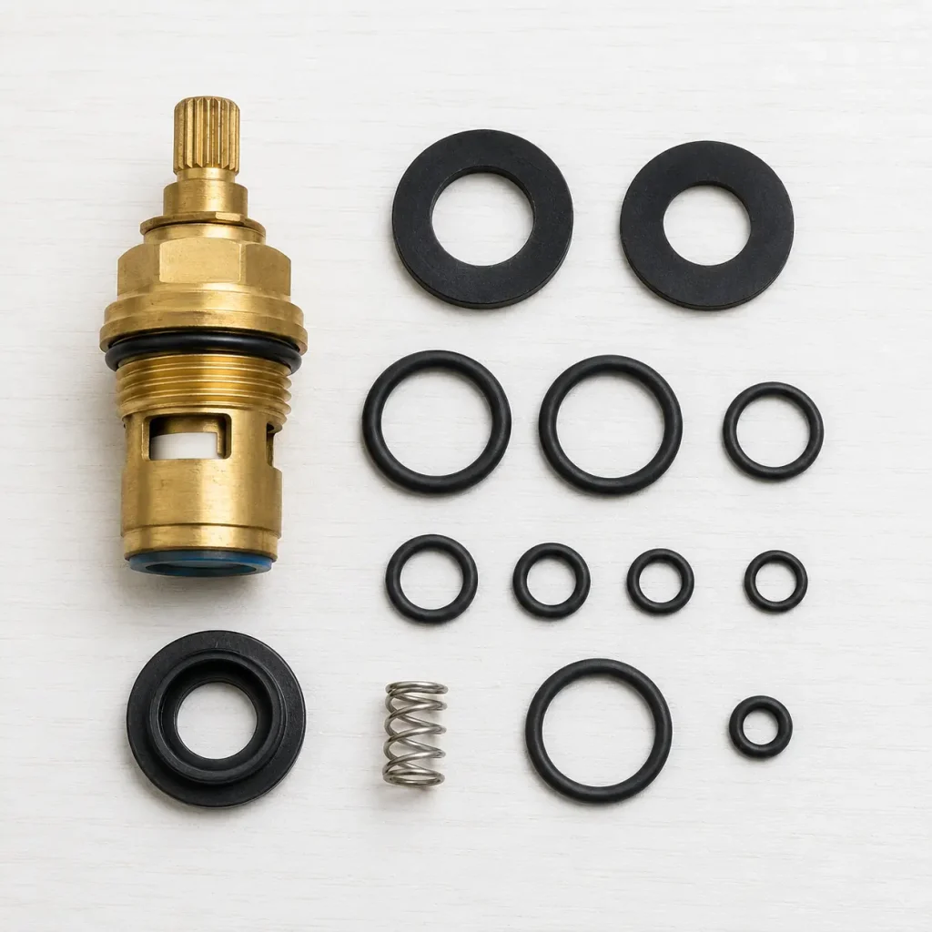 Faucet repair parts including cartridge, O-ring, and rubber washer laid out on a white surface