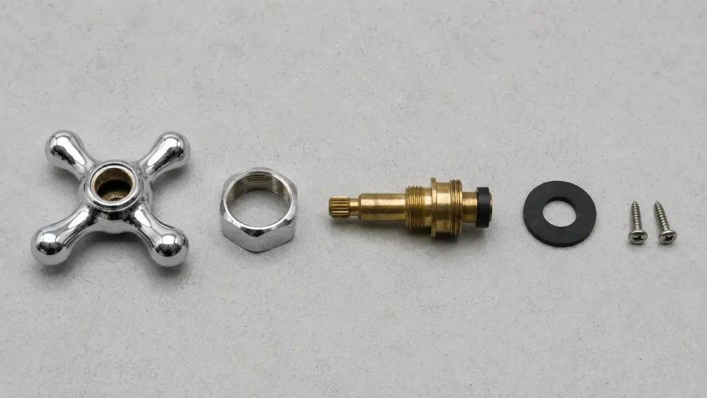 Faucet handle, stem, washer, and screws laid out in disassembly order on a workbench