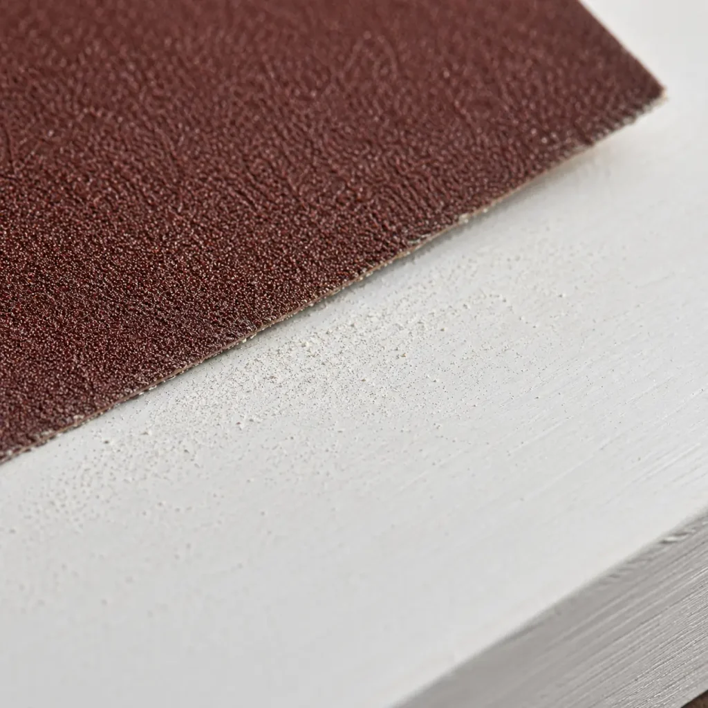 Fine 220-grit sandpaper being used between coats on a painted wooden panel, surface prep