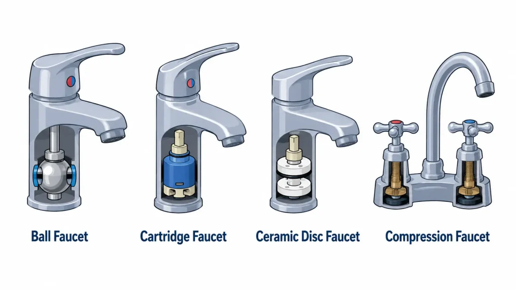 Diagram showing four types of faucets — ball, cartridge, ceramic disc, and compression — side by side