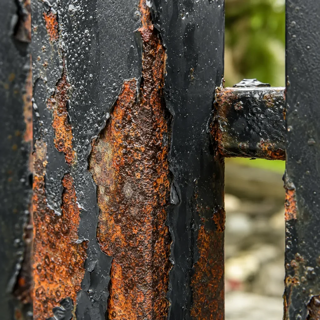 Close-up of flaking orange rust and bubbling black paint on iron gate bars, humid Malaysian outdoor setting