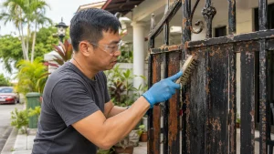Malaysian homeowner removing rust from iron gate with wire brush, terrace house exterior, morning light
