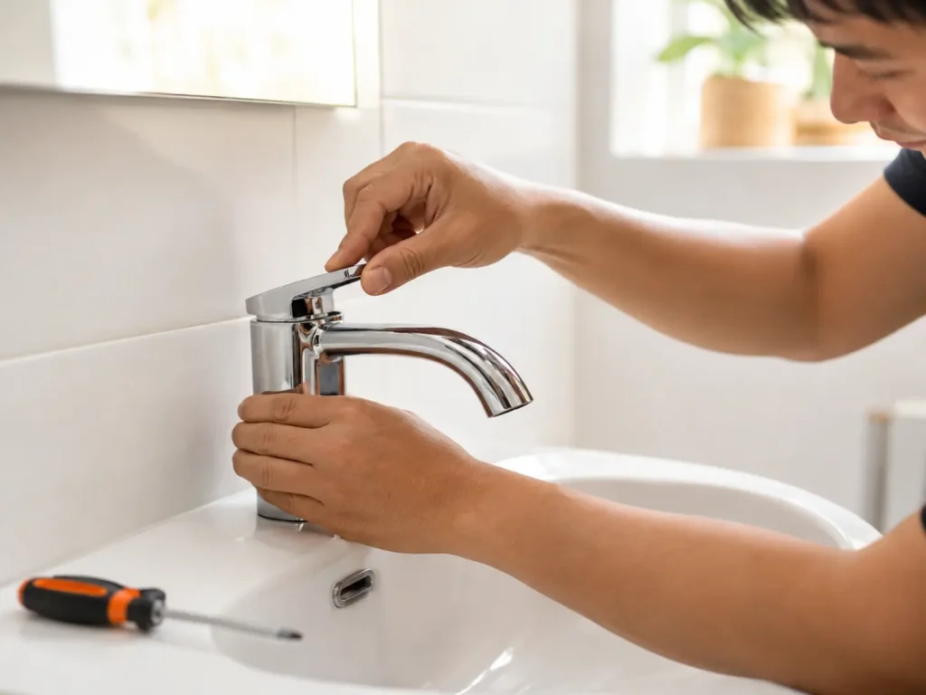 Smiling homeowner tightening a faucet handle after completing a successful DIY faucet repair