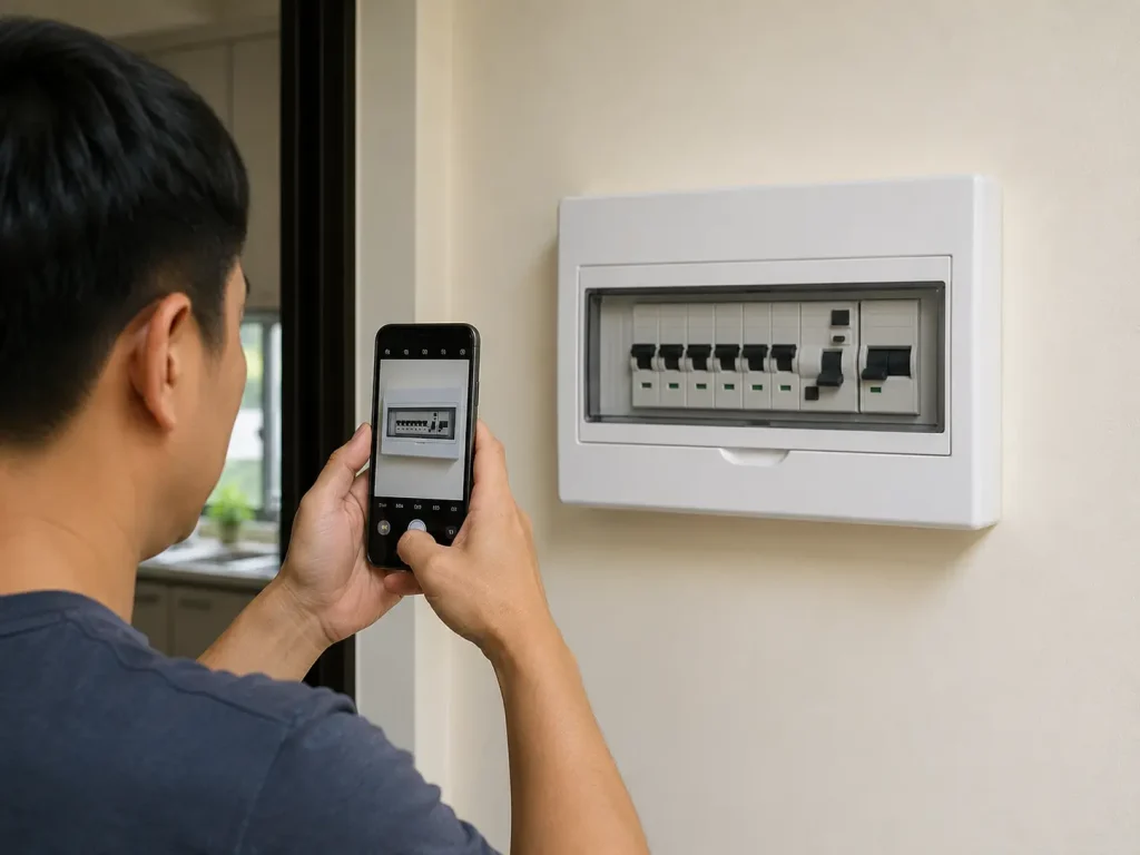 A homeowner taking a safe photo of a DB box for an electrician.