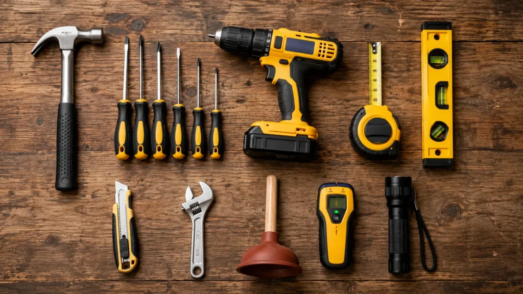 A collection of essential homeowner tools laid out on a wooden workbench, including a hammer, drill, tape measure, and level