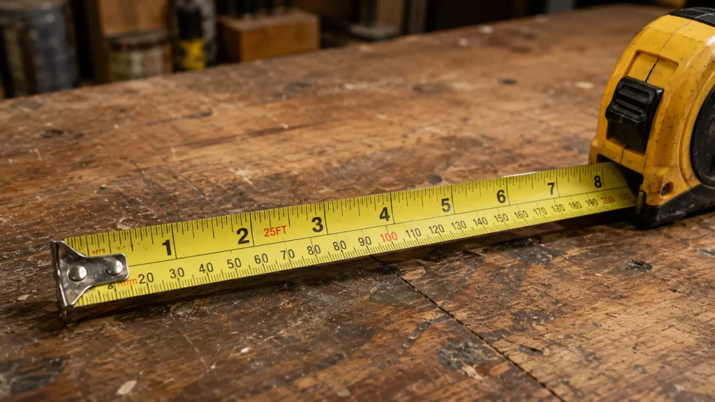 Close-up of a tape measure extended on a wooden workbench showing inch and centimetre markings