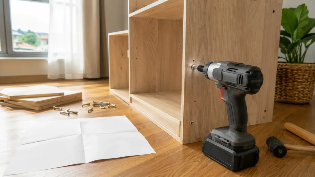 A person using a compact impact driver to assemble a flat-pack bookshelf on the floor of a home
