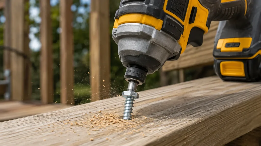 A person using an impact driver to drive a lag screw into a thick timber beam outdoors on a deck