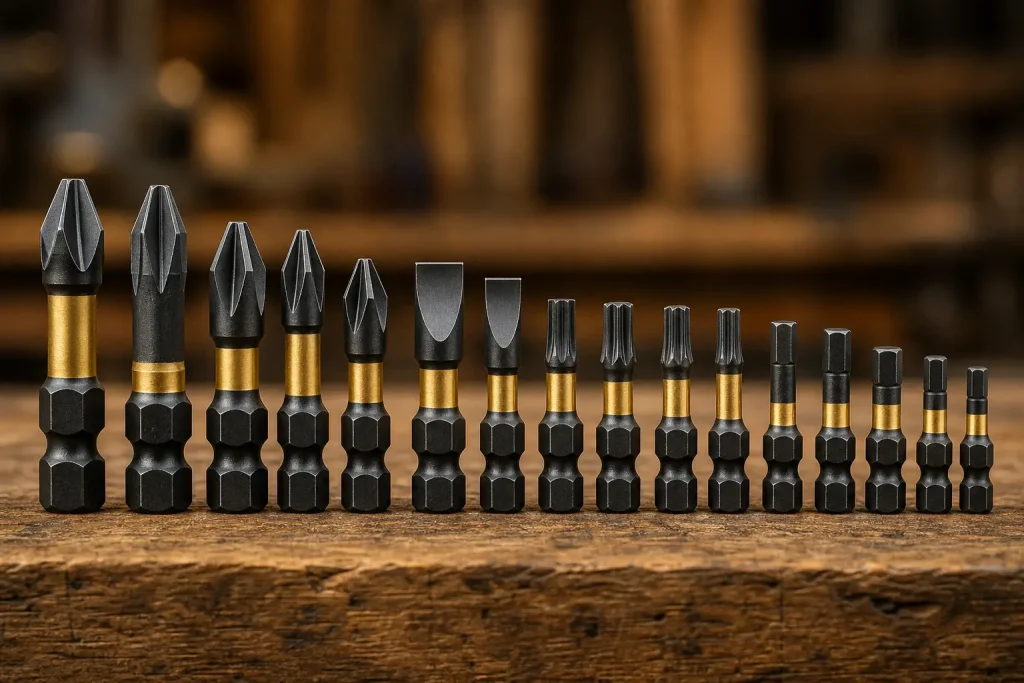 A set of impact-rated hex screwdriver bits in various sizes arranged on a wooden workbench surface