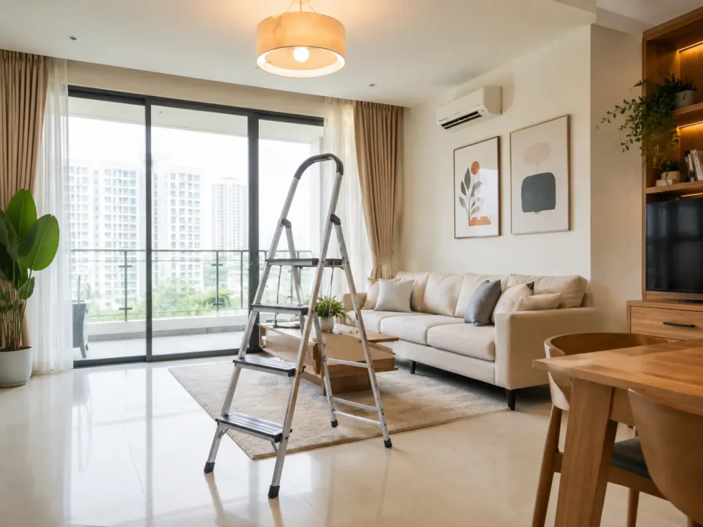 Aluminium step ladder opened under a ceiling light in a Malaysian condo living room