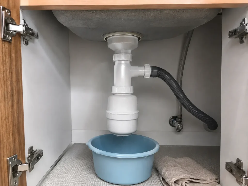 Bottle trap under a kitchen sink being checked for leaks.