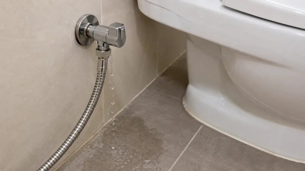 Water leaking from the bathroom tap connected to a bidet spray hose.