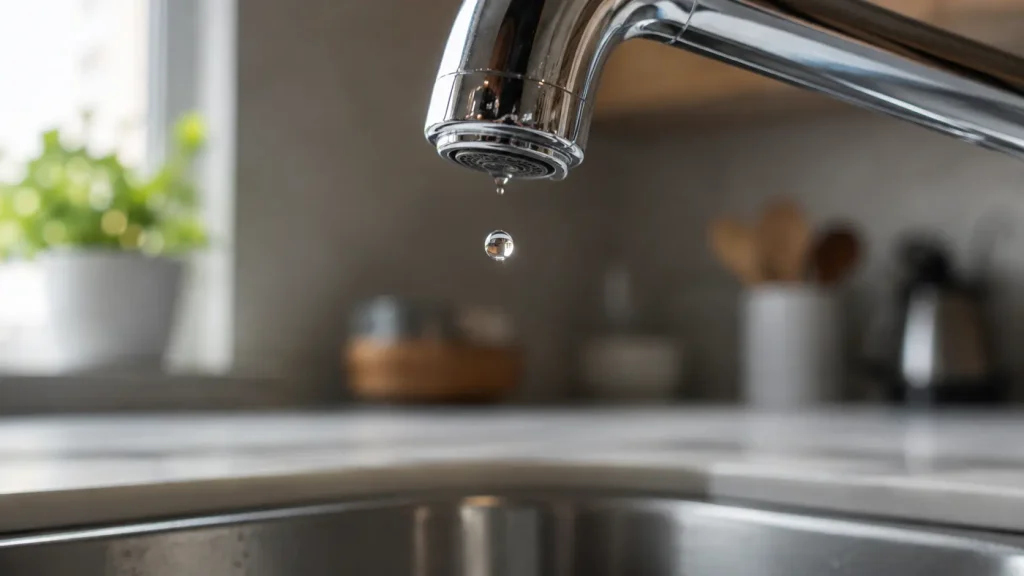 Close-up of a dripping kitchen faucet with water drops falling into the sink basin