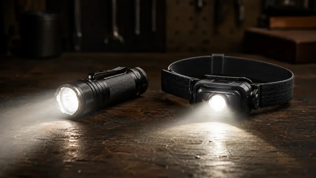 An LED flashlight and a headlamp placed side by side on a wooden workbench, both switched on