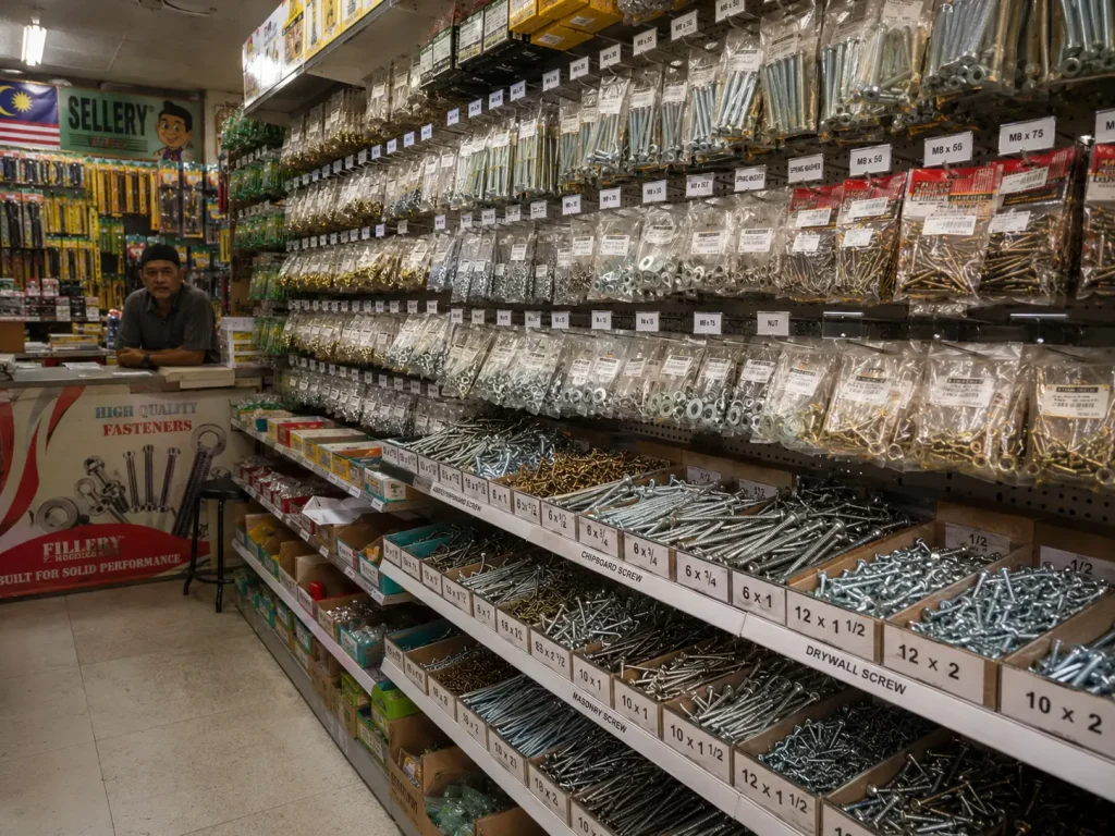 Hardware shop display wall showing boxed screws and fasteners in a Malaysian kedai besi