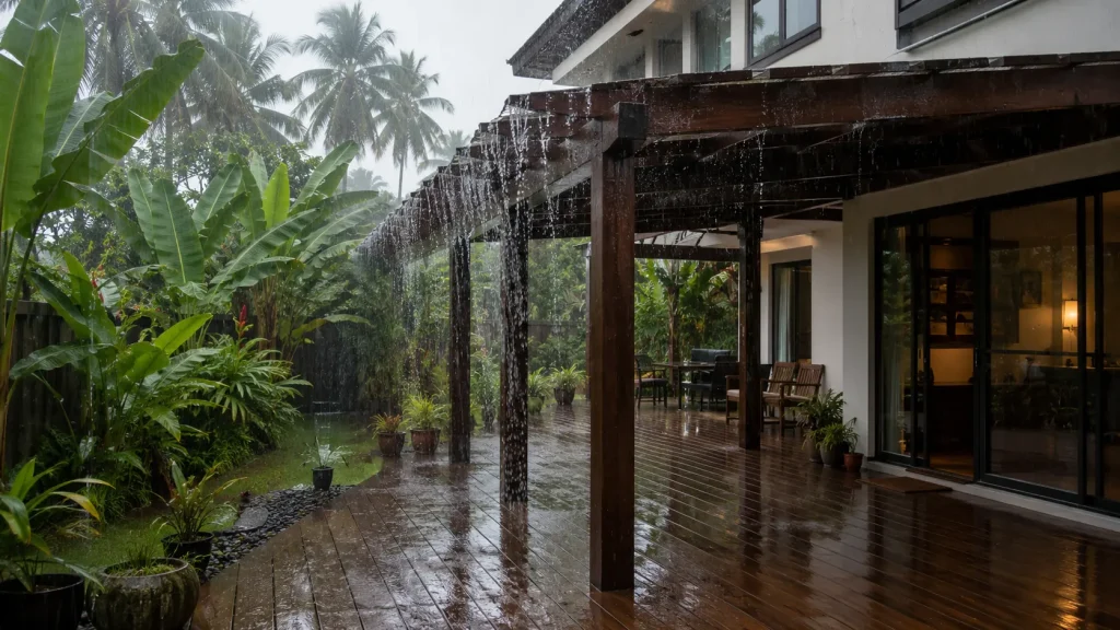 Heavy monsoon rain falling on an outdoor timber pergola structure at a Malaysian terrace house