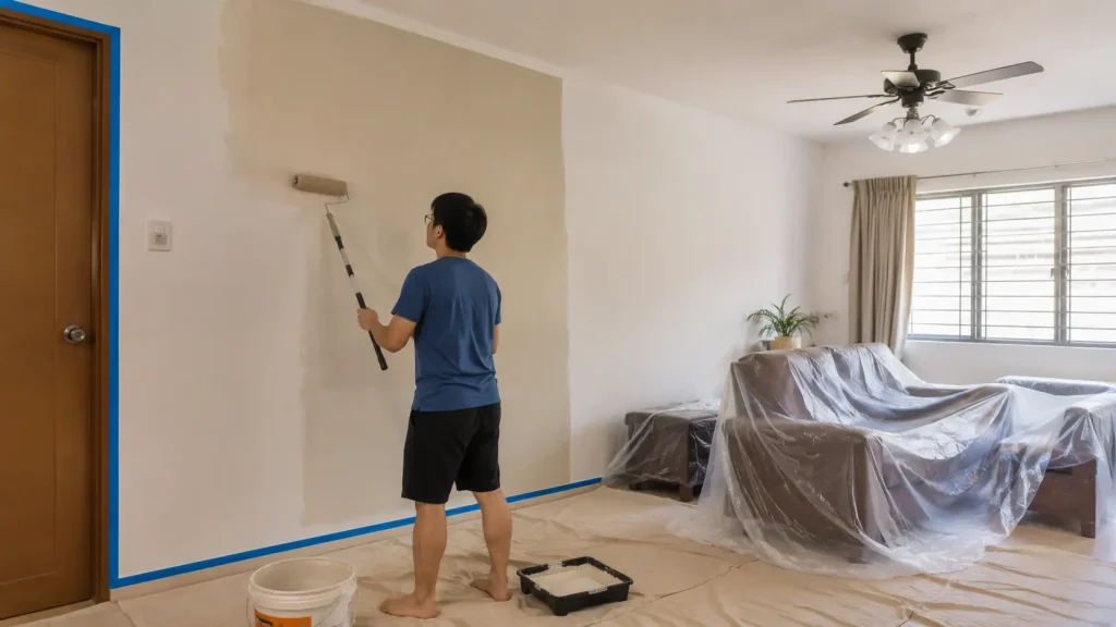 Malaysian homeowner painting interior wall with roller, drop cloth on floor, room well-prepared