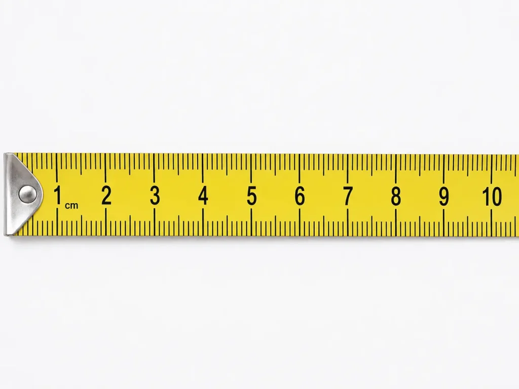 Close-up of a metric tape measure blade showing centimetre and millimetre line markings in detail