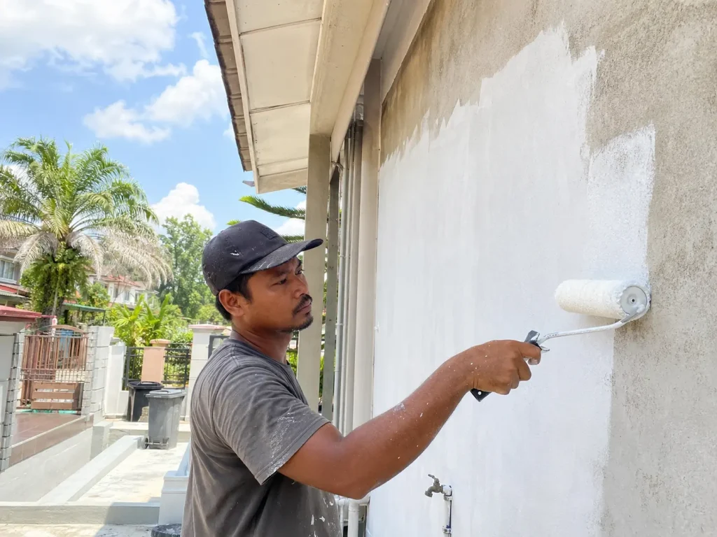A Malaysian worker applying alkali-resistant primer to a new cement exterior wall under bright tropical sky