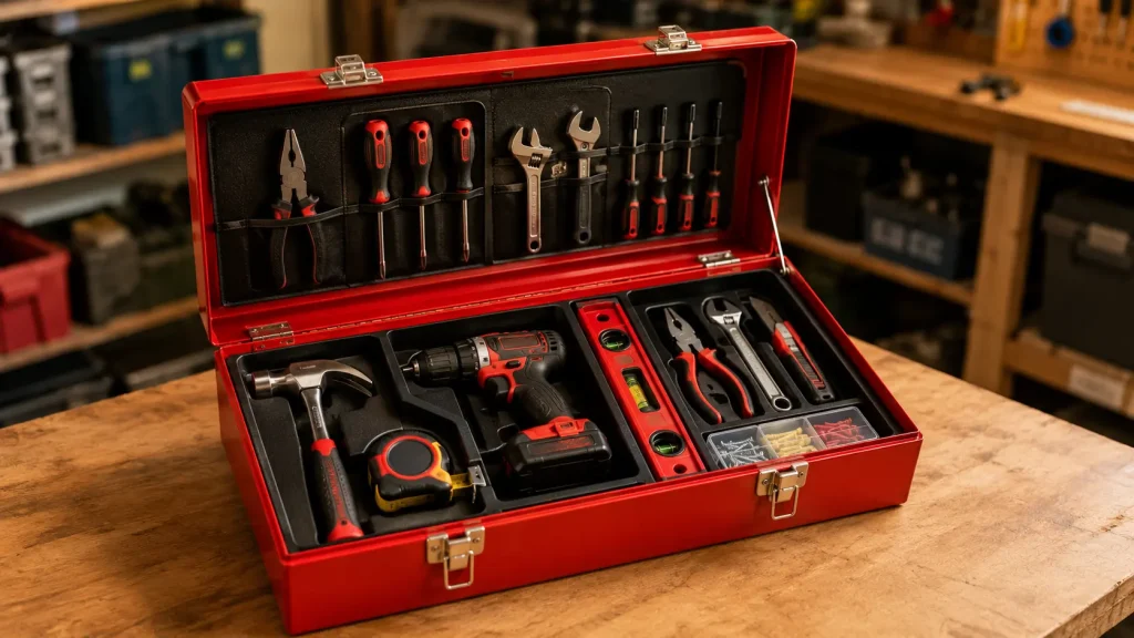 An open toolbox with all essential homeowner tools neatly organised inside, on a garage workbench