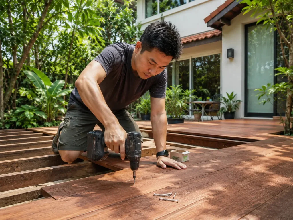 Malaysian homeowner pre-drilling pilot holes in merbau hardwood decking before installing stainless screws