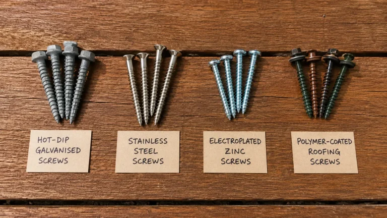 Comparison of outdoor screw types on a wooden surface — galvanised, stainless, and coated screws in Malaysia