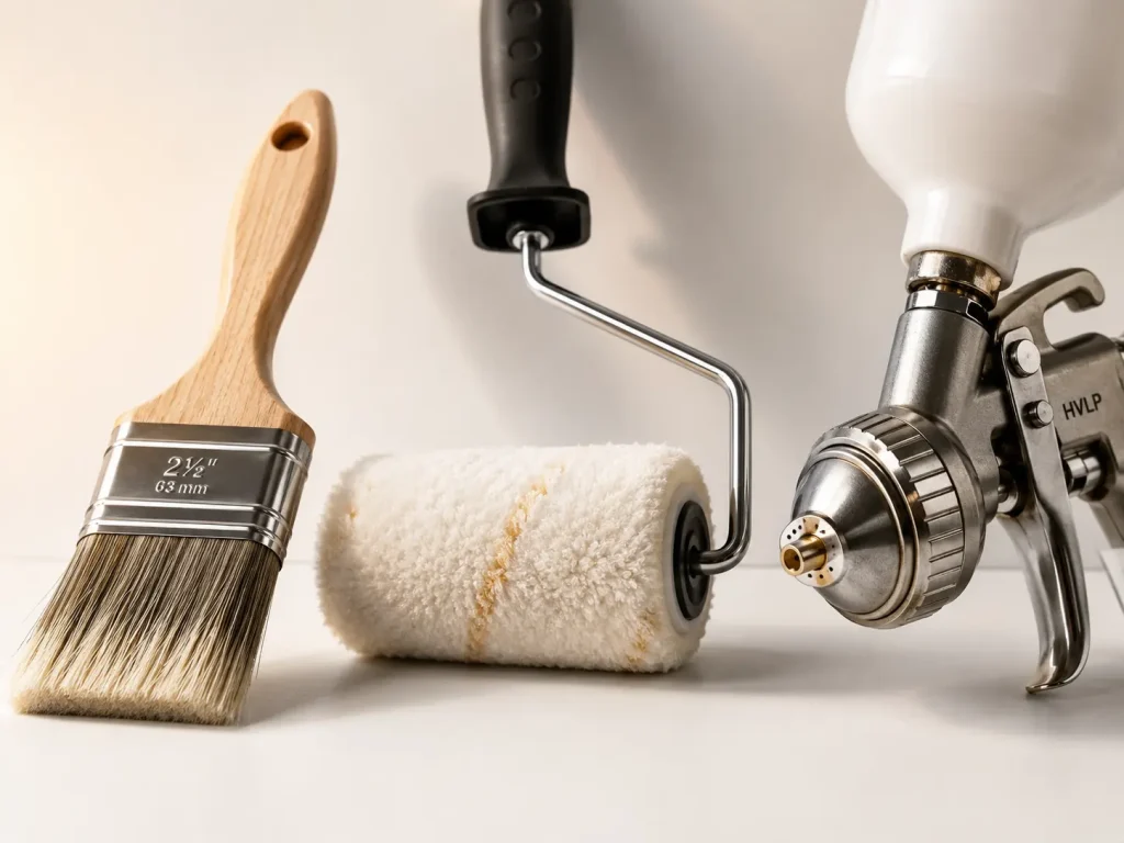 Close-up of a paint brush bristles, roller nap, and spray gun nozzle side by side on a worktable