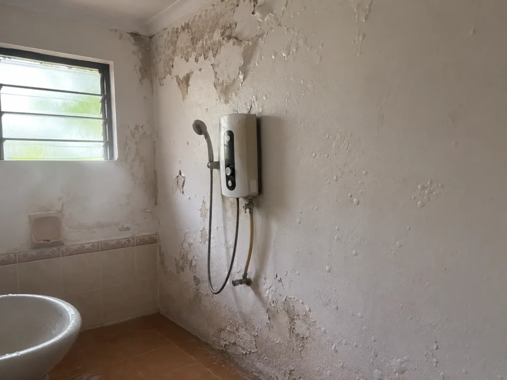 Paint bubbling and peeling on a bathroom wall in a Malaysian home due to moisture and poor ventilation