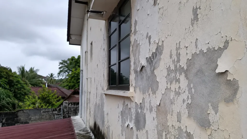 Peeling paint on an exterior wall of a Malaysian terrace house, showing bubbled and flaking patches